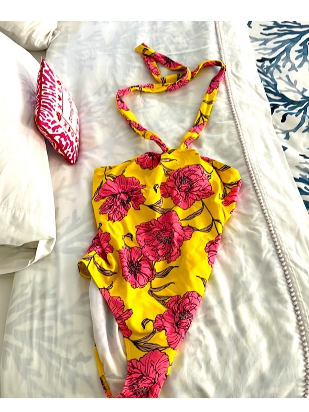 Boden - Bright Yellow One-Piece Halter Swimsuit with Pink Floral Print